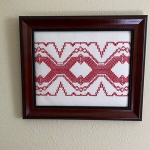 Hand Crafted Red and White Huckweaving Framed Artwork